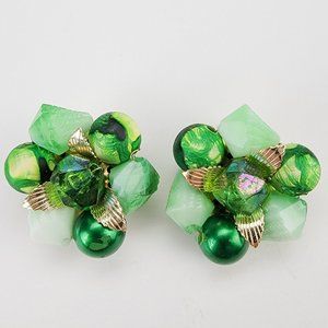Vintage‎ Green Stone Cluster Gold Clip On Earrings